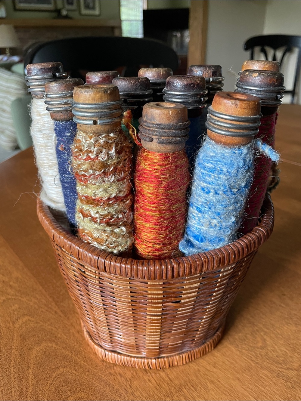 Vintage Wooden Textile Spools, Turned Hardwood With Metal Collars At The Base